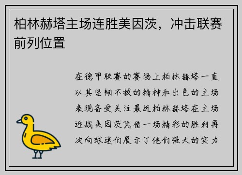 柏林赫塔主场连胜美因茨，冲击联赛前列位置